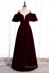 Beautiful Wine Red Velvet Off Shoulder Floor Length Party Dresses, Velvet Junior Formal Prom Dresses