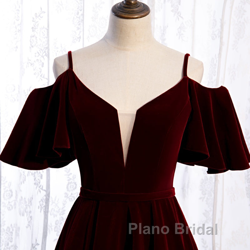 Beautiful Wine Red Velvet Off Shoulder Floor Length Party Dresses, Velvet Junior Formal Prom Dresses