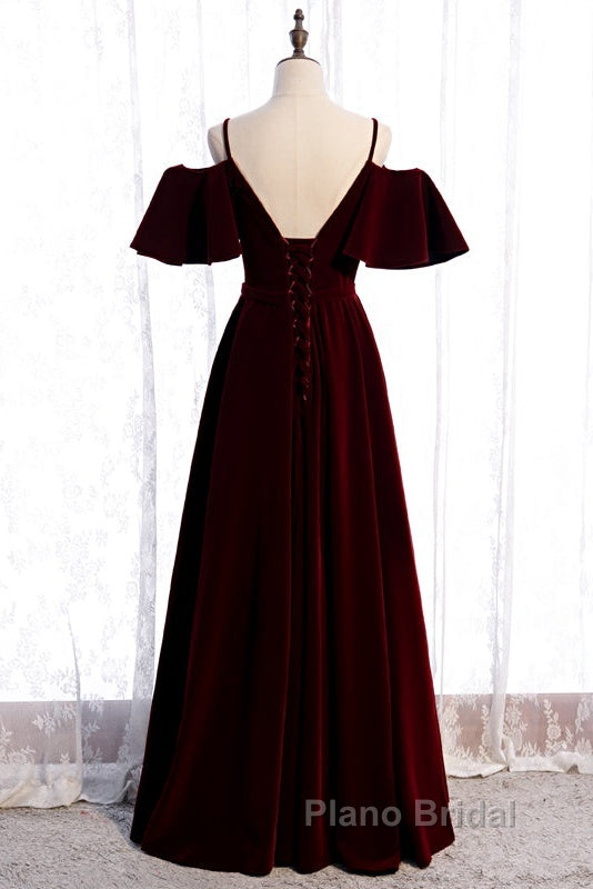 Beautiful Wine Red Velvet Off Shoulder Floor Length Party Dresses, Velvet Junior Formal Prom Dresses