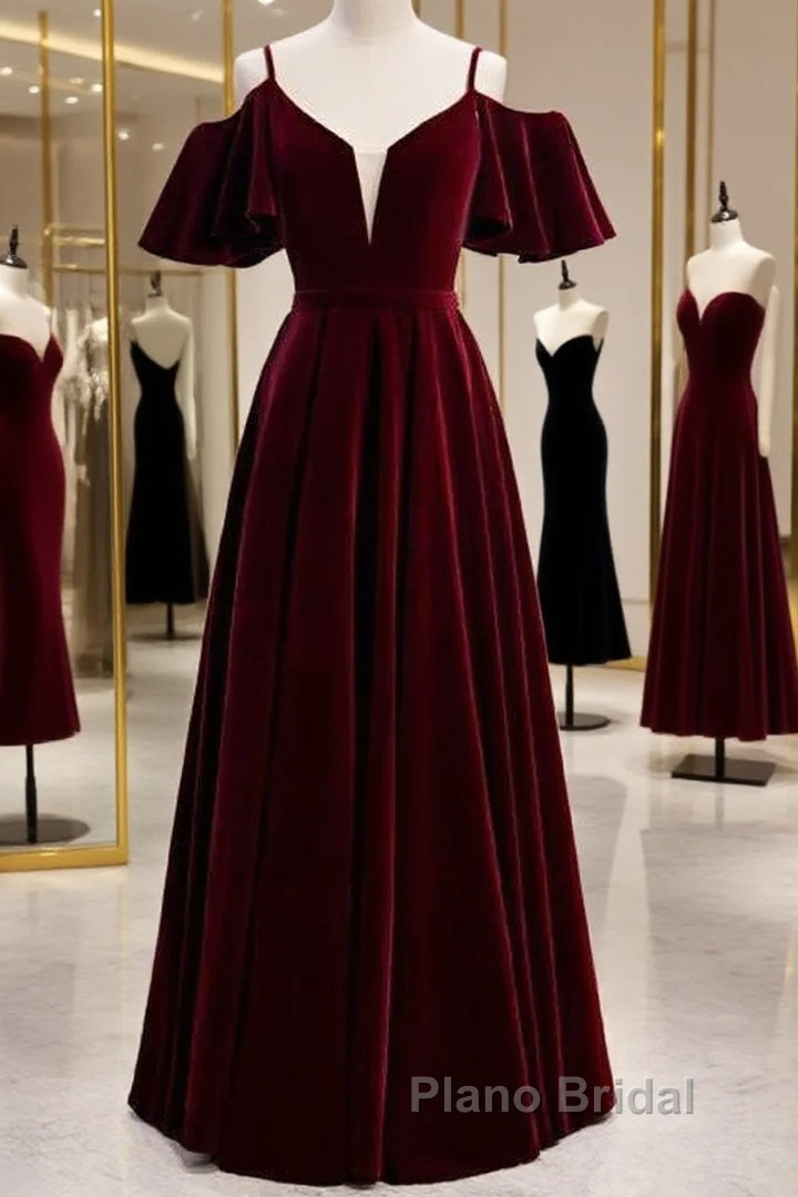 Beautiful Wine Red Velvet Off Shoulder Floor Length Party Dresses, Velvet Junior Formal Prom Dresses Main image