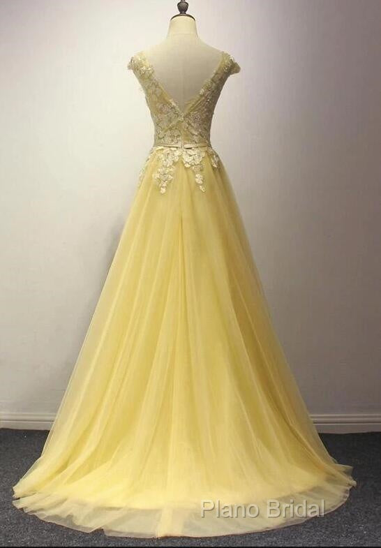 Beautiful Yellow Long Formal Prom Dresses, A-Line Round Neckline Formal Dresses