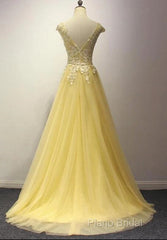 Beautiful Yellow Long Formal Prom Dresses, A-Line Round Neckline Formal Dresses