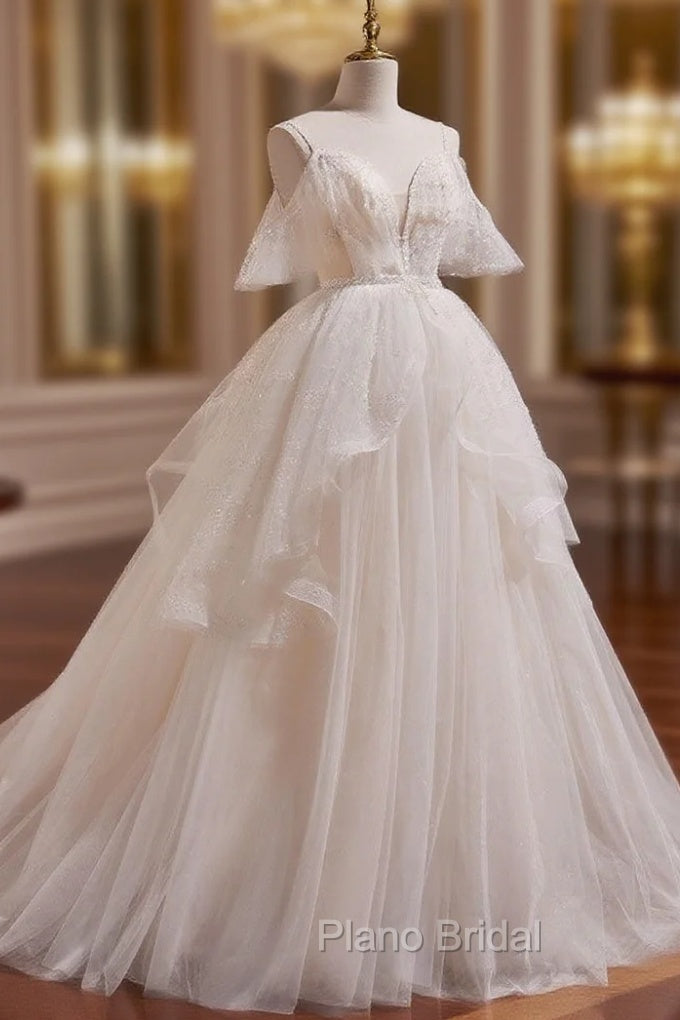 Beige A-line Tulle Beading Long Formal Prom Dresses, Beige Formal Dresses