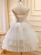 Beige Sweetheart Neck Tulle Puffy Short Formal Prom Dresses, Beige Homecoming Dresses