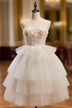 Beige Sweetheart Neck Tulle Puffy Short Formal Prom Dresses, Beige Homecoming Dresses