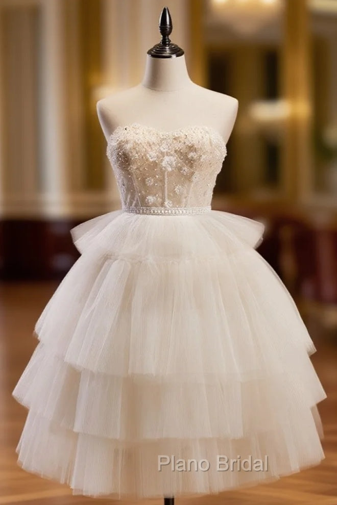Beige Sweetheart Neck Tulle Puffy Short Formal Prom Dresses, Beige Homecoming Dresses
