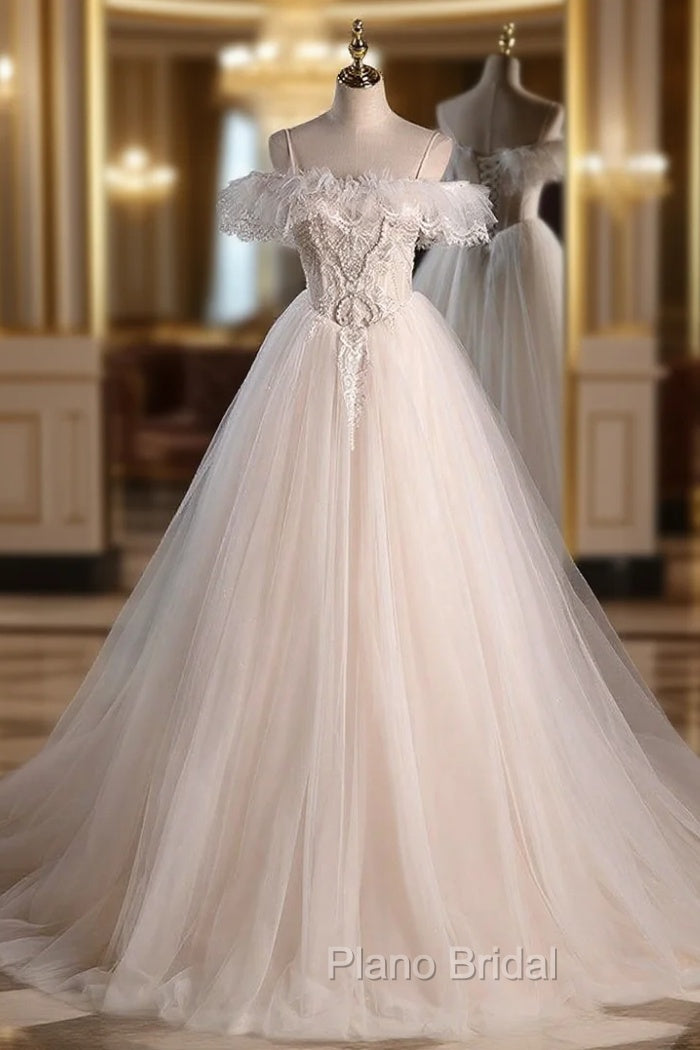 Beige Tulle Lace Spaghetti Straps Beading Wedding Dresses Main image