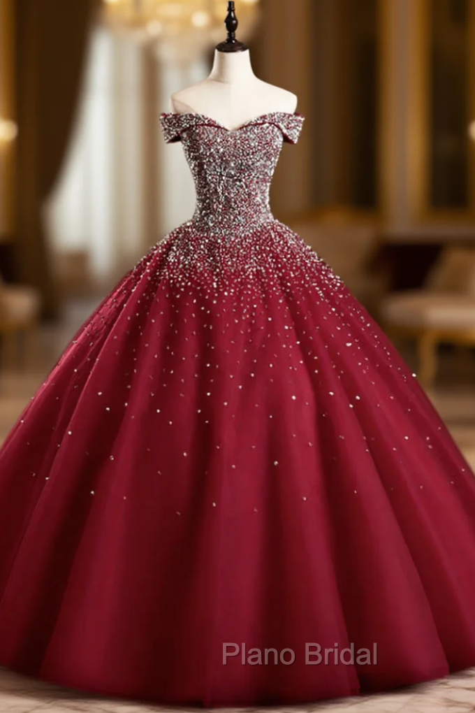 Best For You Burgundy Ball Gown Tulle Off the Shoulder Beading Sequins Quinceanera Dresses