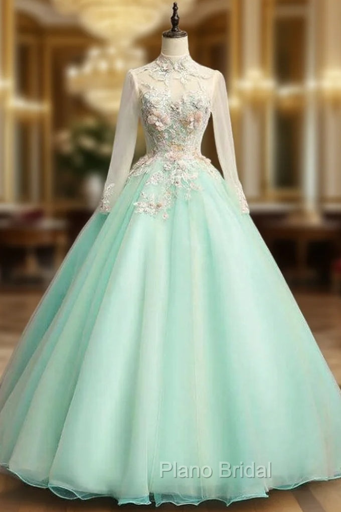 Best For You Green Ball Gown Tulle Long Sleeve Backless Appliques Quinceanera Dresses Main image