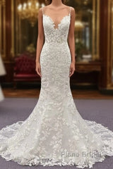 Best Long Mermaid Spaghetti Strap Appliques Lace Wedding Dress