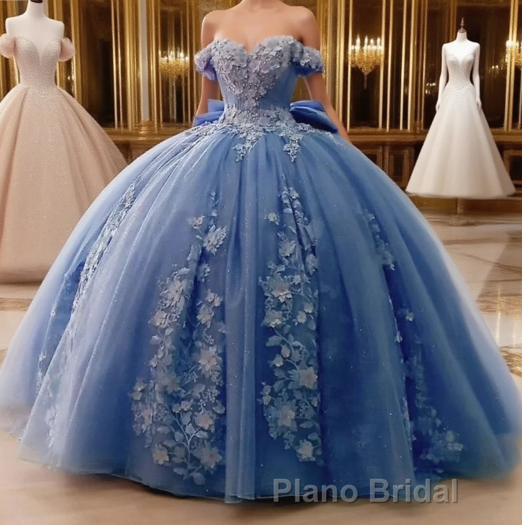 Big Bow Floral Flower Lace Applique Off Shoulder Ball Gown Quinceanera Dresses Main image