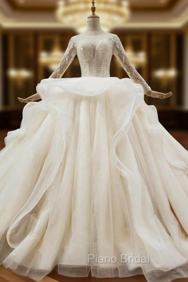Biggest Sale Champagne Ball Gown Tulle Beading Sequins Long Sleeve Wedding Dresses Main image