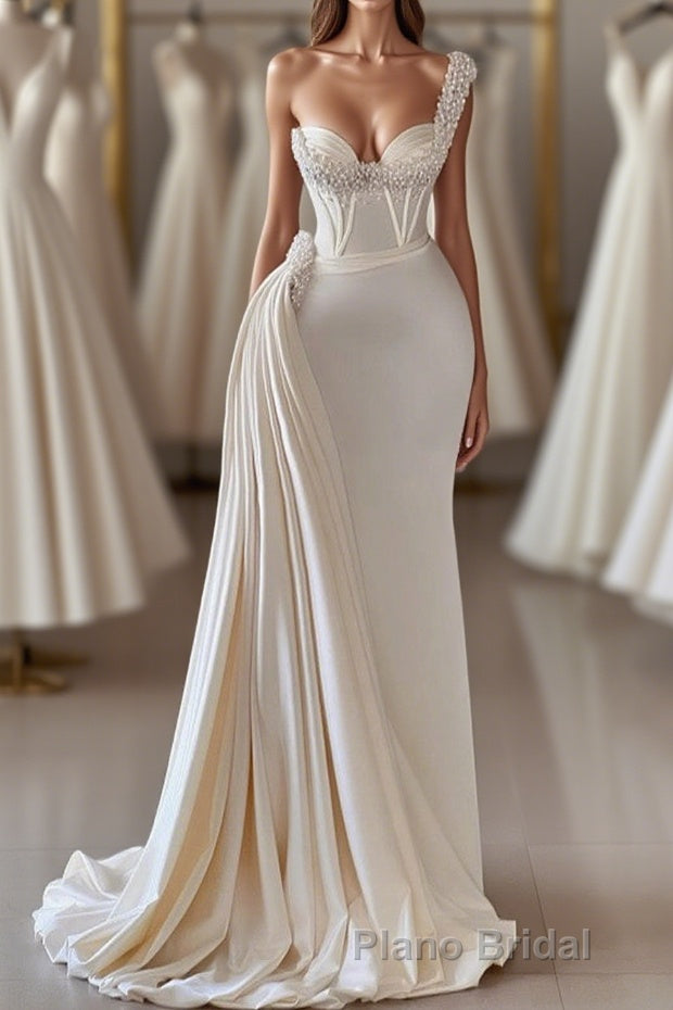 Biztunnel Charming Long Sweetheart One Shoulder Mermaid Formal Prom Dresses with Ruffles Main image