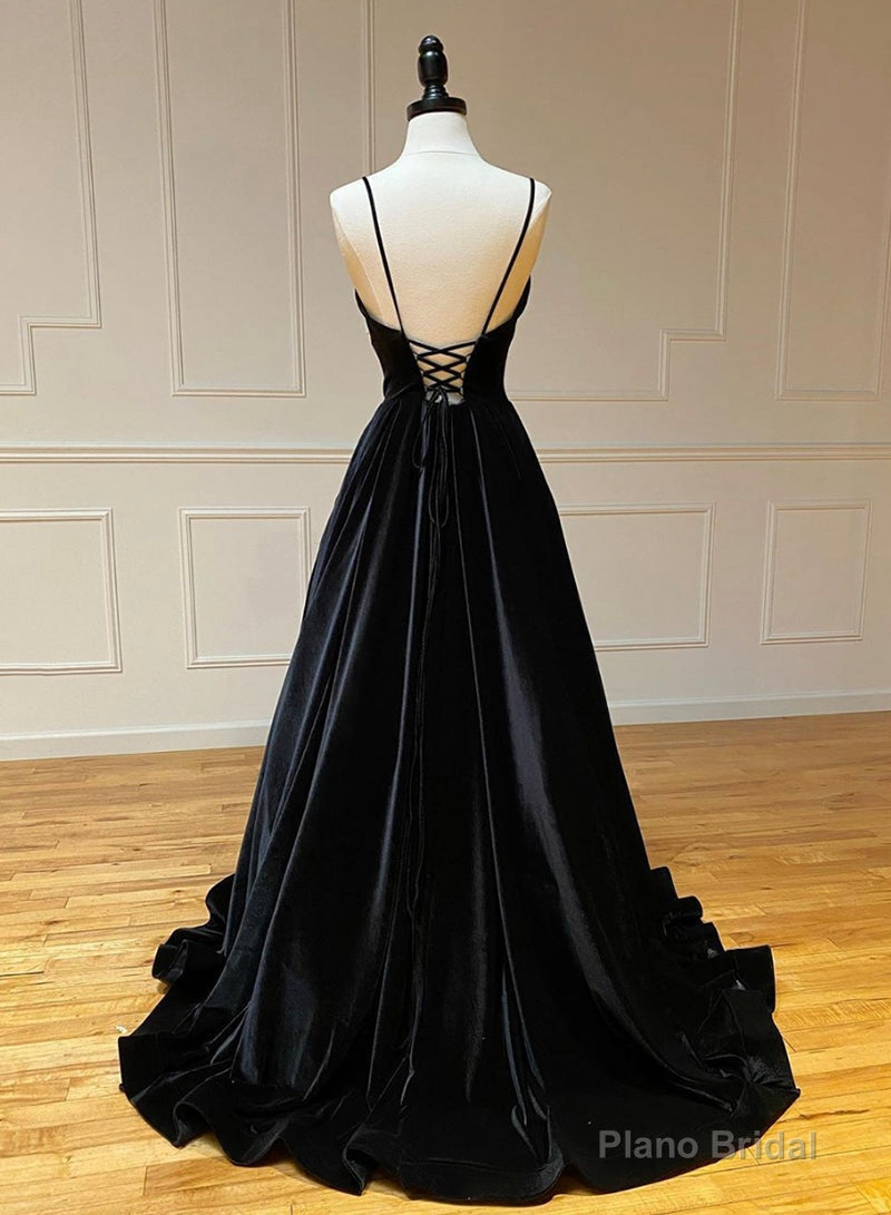 Black A-Line Velvet Long Prom Dresses, Black Evening Dresses