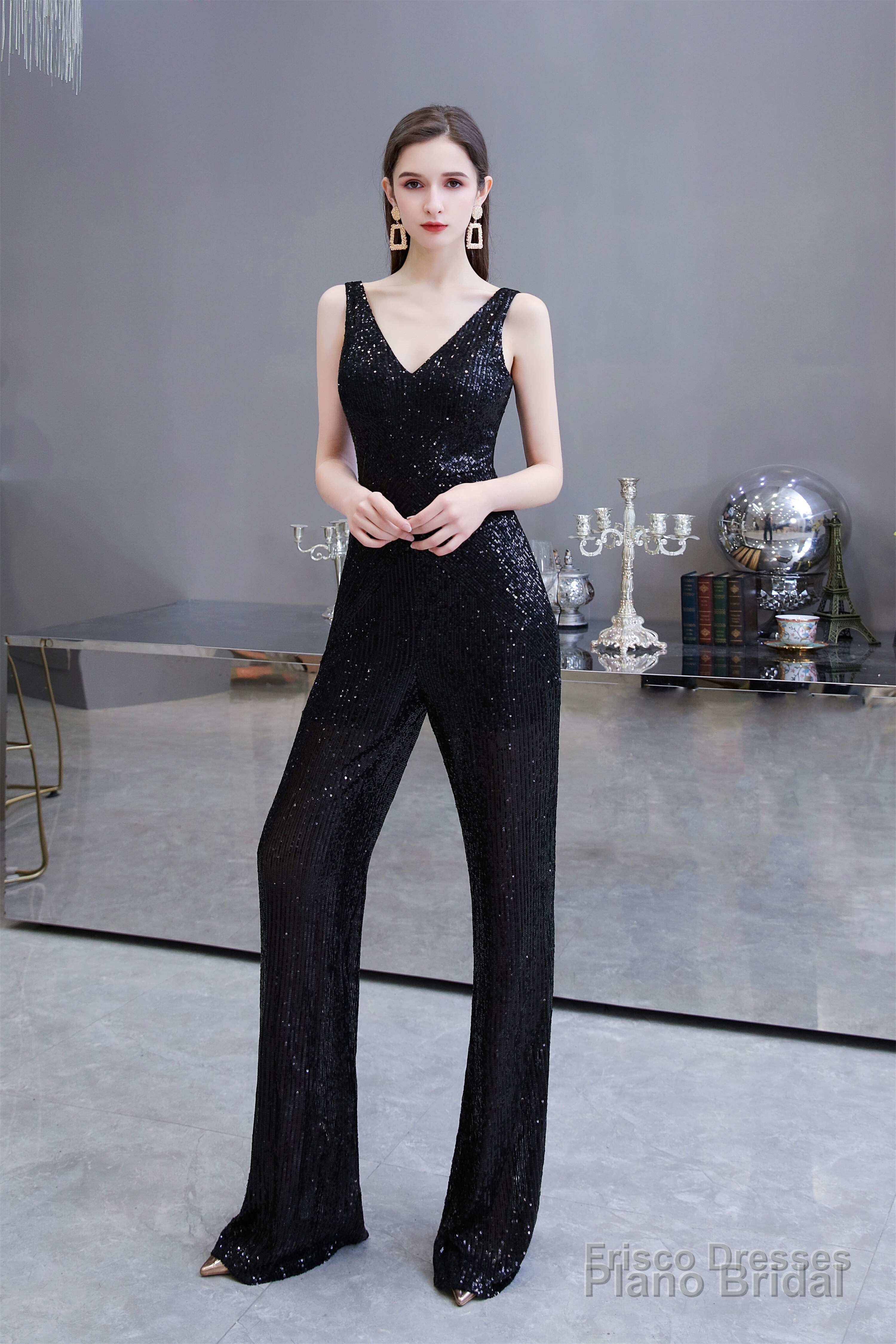 Shining V-neck Sequin Sleeveless Prom Jumpsuit Main image