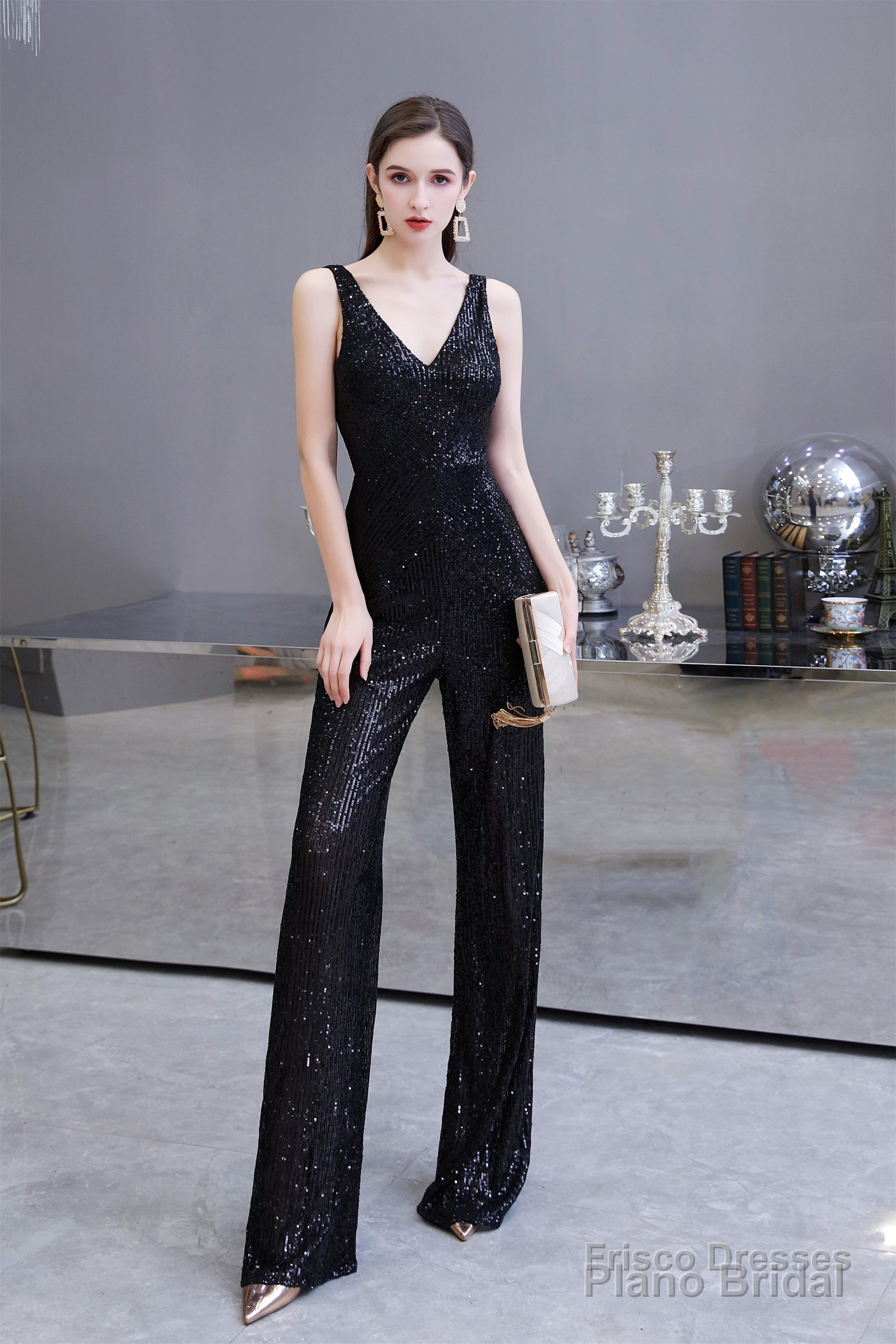 Shining V-neck Sequin Sleeveless Prom Jumpsuit