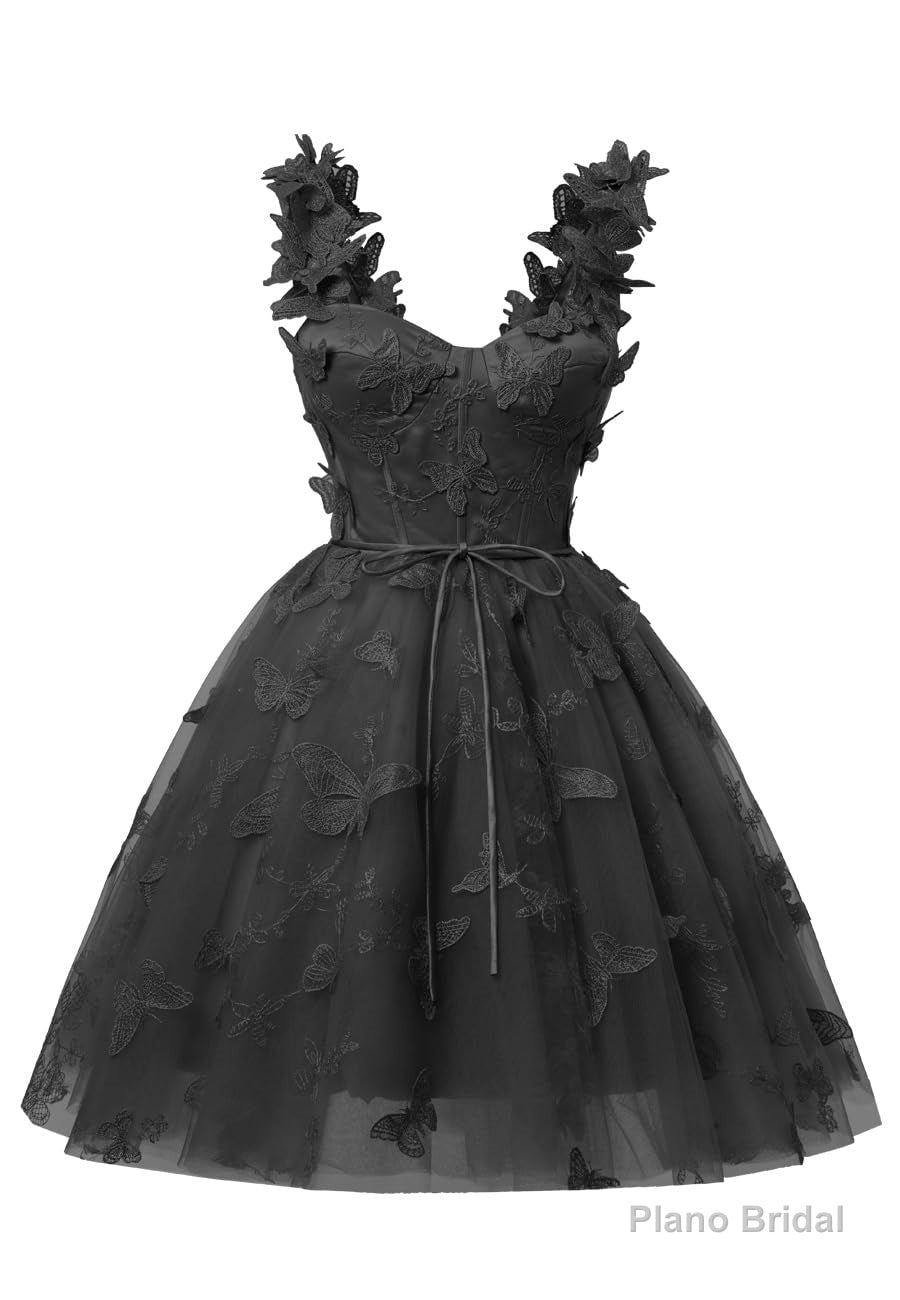 Black 3D Butterfly Lace Applique Tulle Homecoming Dress for Teens Sweetheart Mini Short Prom Dresses Secondary image