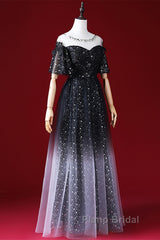 Black A-Line Gradient Tulle Short Sleeves Formal Prom Dresses, Black Long Evening Dresses