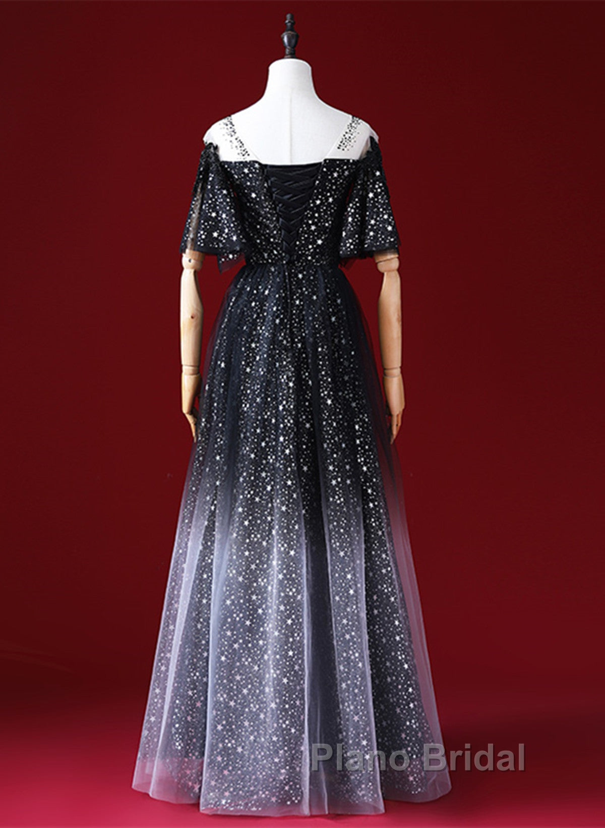 Black A-Line Gradient Tulle Short Sleeves Formal Prom Dresses, Black Long Evening Dresses