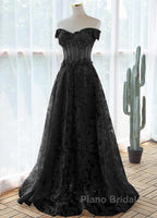 Black A-Line Lace Off Shoulder Tulle With Lace Formal Prom Dresses, Black Long Evening Dresses