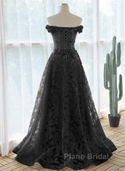 Black A-Line Lace Off Shoulder Tulle With Lace Formal Prom Dresses, Black Long Evening Dresses