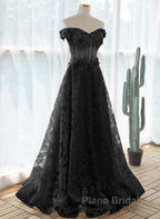 Black A-Line Lace Off Shoulder Tulle With Lace Formal Prom Dresses, Black Long Evening Dresses