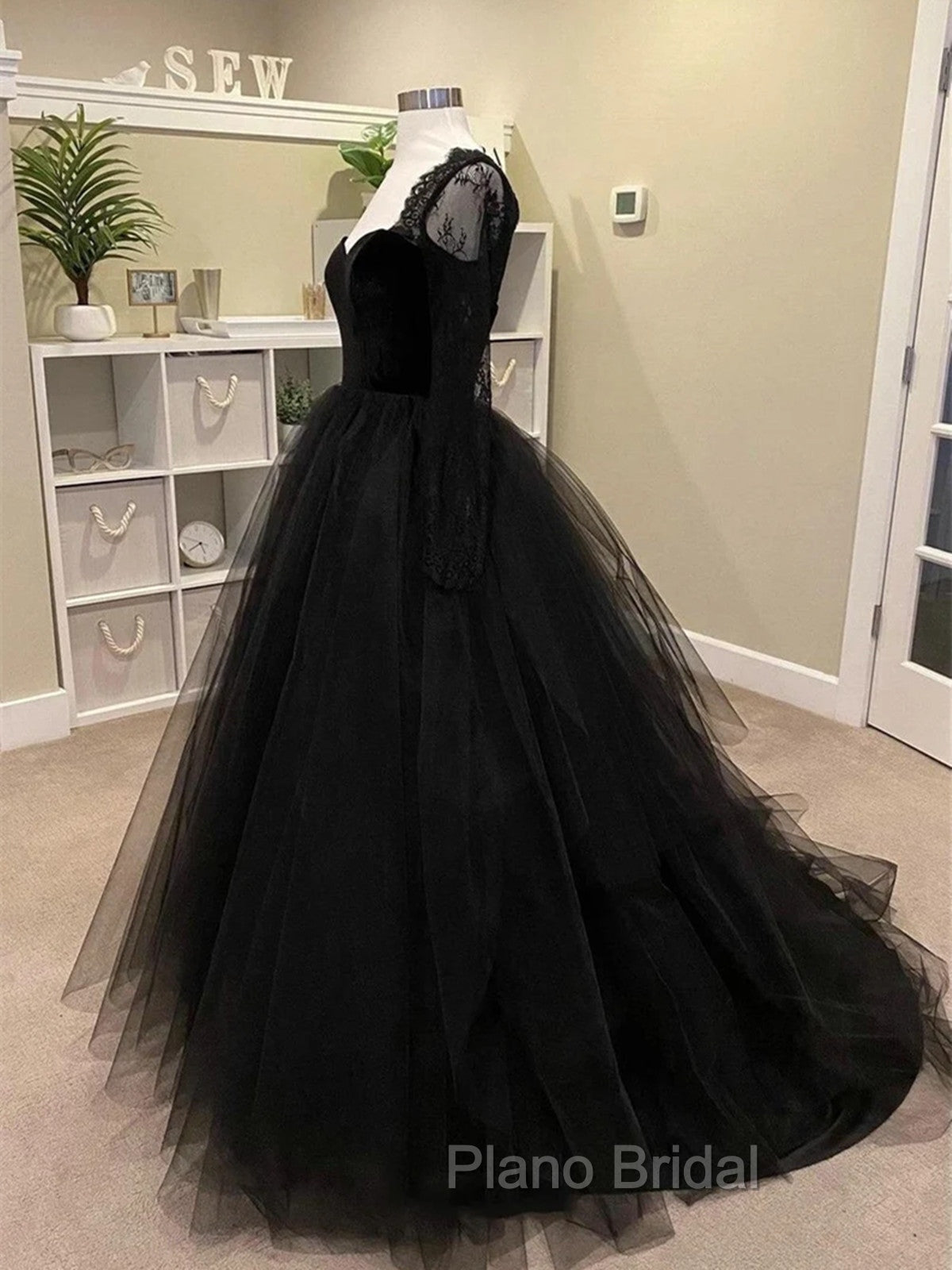 Black A-line Long Lace Sleeves Tulle Formal Dresses, Black Formal Prom Dresses Party Dresses