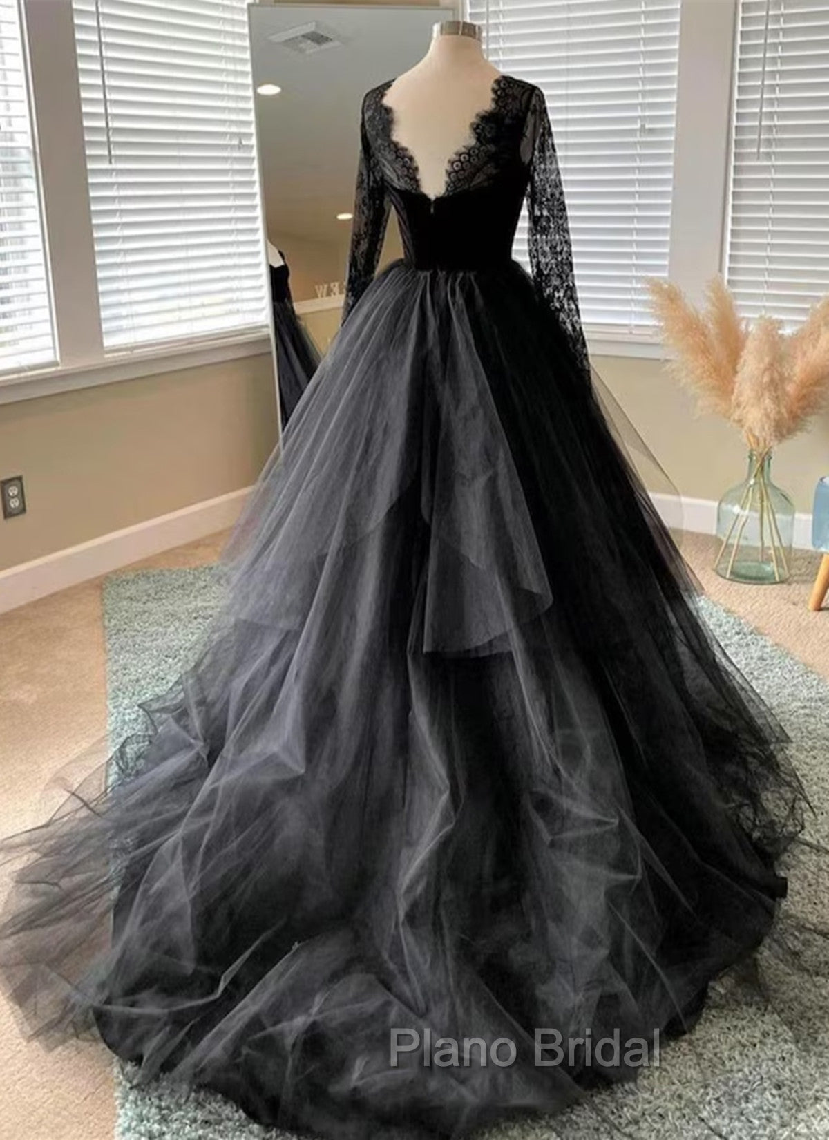 Black A-line Long Lace Sleeves Tulle Formal Dresses, Black Formal Prom Dresses Party Dresses