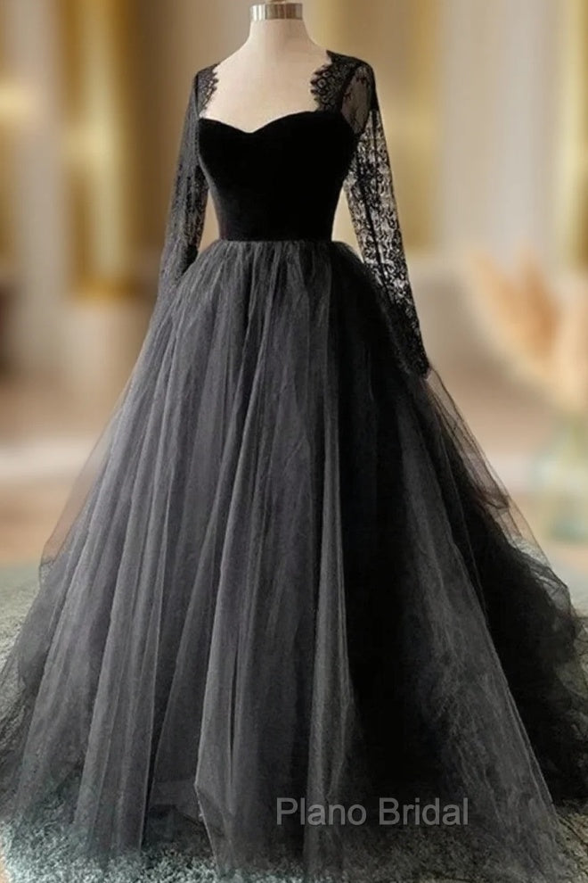 Black A-line Long Lace Sleeves Tulle Formal Dresses, Black Formal Prom Dresses Party Dresses