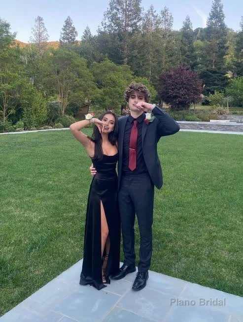 Black A Line Long Prom Dress Velvet Formal Party Dress With Slit Main image