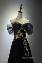 Black A-Line Off Shoulder Tulle Velvet Long Formal Prom Dresses,Sequin Formal Evening Dresses