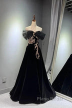 Black A-Line Off Shoulder Tulle Velvet Long Formal Prom Dresses,Sequin Formal Evening Dresses