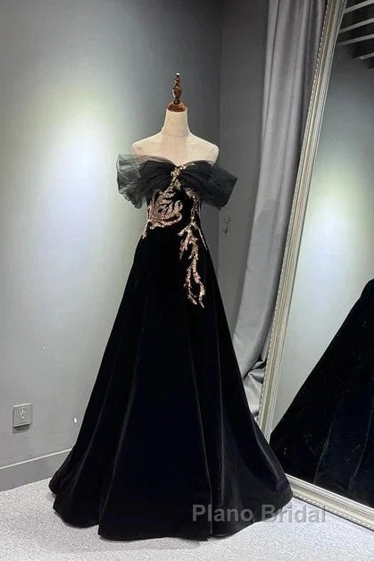 Black A-Line Off Shoulder Tulle Velvet Long Formal Prom Dresses,Sequin Formal Evening Dresses