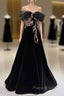 Black A-Line Off Shoulder Tulle Velvet Long Formal Prom Dresses,Sequin Formal Evening Dresses