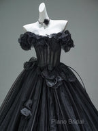 Black A-Line Off-The-Shoulder Tulle 3D Applique Long Formal Prom Dresses,Adult Ceremony Graduation Formal Prom Dresses