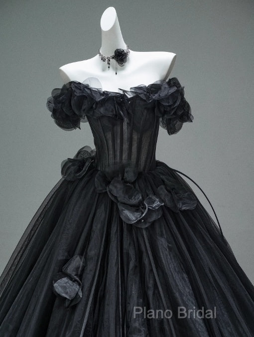 Black A-Line Off-The-Shoulder Tulle 3D Applique Long Formal Prom Dresses,Adult Ceremony Graduation Formal Prom Dresses