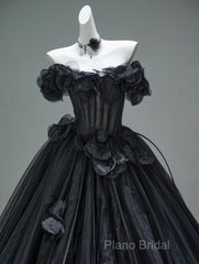 Black A-Line Off-The-Shoulder Tulle 3D Applique Long Formal Prom Dresses,Adult Ceremony Graduation Formal Prom Dresses