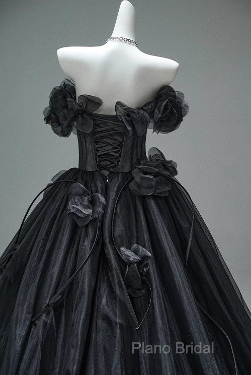 Black A-Line Off-The-Shoulder Tulle 3D Applique Long Formal Prom Dresses,Adult Ceremony Graduation Formal Prom Dresses