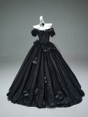 Black A-Line Off-The-Shoulder Tulle 3D Applique Long Formal Prom Dresses,Adult Ceremony Graduation Formal Prom Dresses
