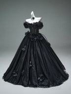 Black A-Line Off-The-Shoulder Tulle 3D Applique Long Formal Prom Dresses,Adult Ceremony Graduation Formal Prom Dresses