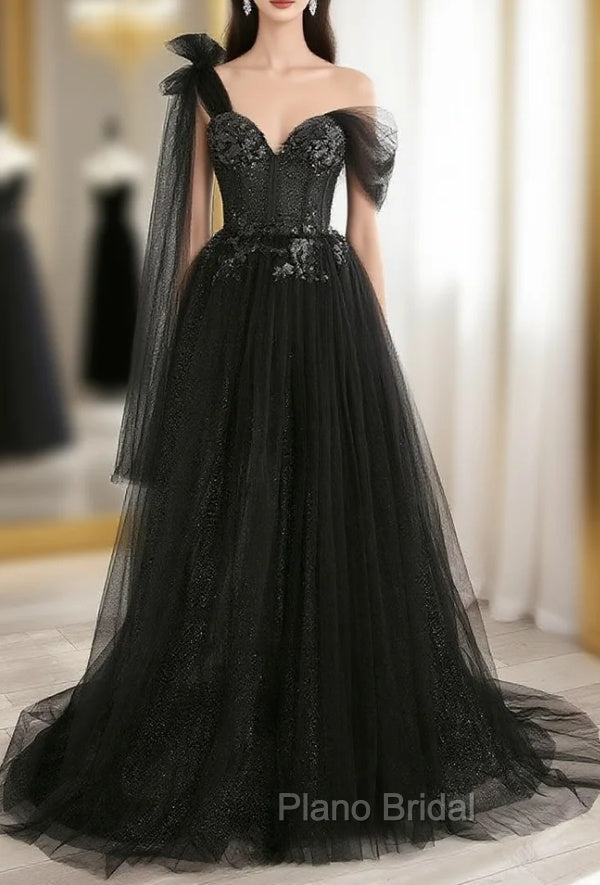 Black A line one Shoulder Tulle Long Formal Prom Dresses, Black Tulle Formal Dresses Secondary image