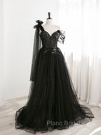 Black A line one Shoulder Tulle Long Formal Prom Dresses, Black Tulle Formal Dresses