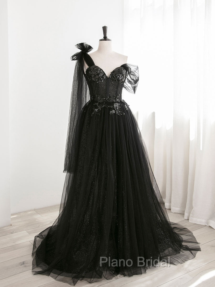 Black A line one Shoulder Tulle Long Formal Prom Dresses, Black Tulle Formal Dresses