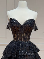 Black A-Line Sequin Tulle Short Formal Prom Dresses, Black Homecoming Dresses