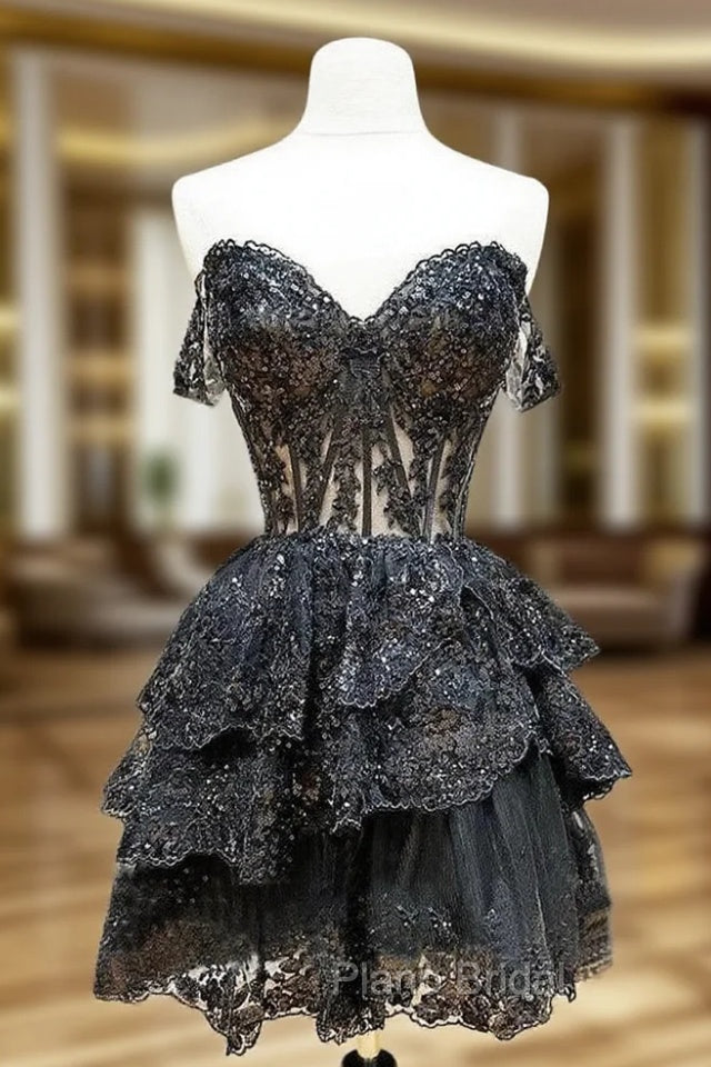 Black A-Line Sequin Tulle Short Formal Prom Dresses, Black Homecoming Dresses Main image