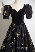 Black A-line Short Sleeves Sweetheart Floral Long PartY Dresses, Black Formal Prom Dresses