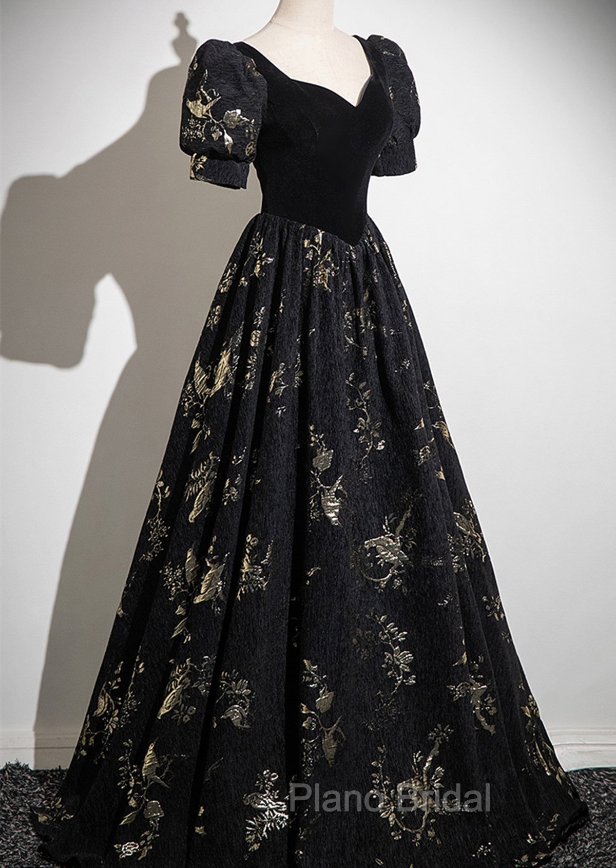 Black A-line Short Sleeves Sweetheart Floral Long PartY Dresses, Black Formal Prom Dresses