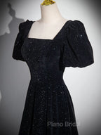 Black A-line Short Sleeves Velvet Simple Party Dresses, Black Evening Dresses Formal Prom Dresses