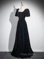Black A-line Short Sleeves Velvet Simple Party Dresses, Black Evening Dresses Formal Prom Dresses