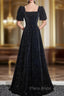 Black A-line Short Sleeves Velvet Simple Party Dresses, Black Evening Dresses Formal Prom Dresses